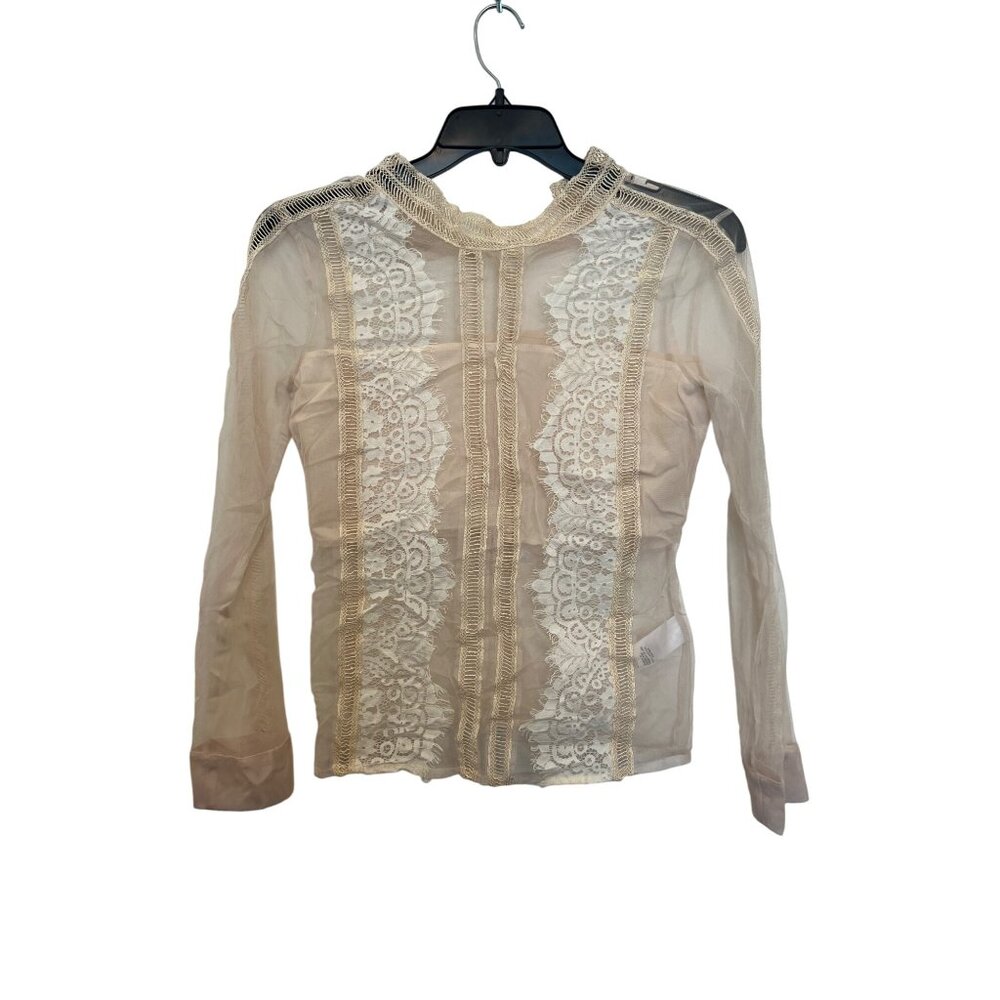 Sheer Beige Long Sleeve Lace Blouse With High Neckline & Button Back Closure